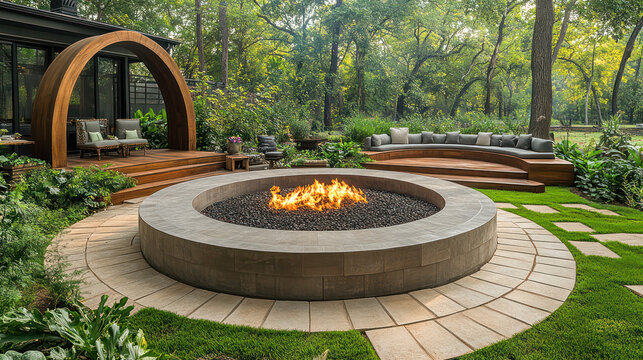 A fire pit is surrounded by a circle of seating and a patio. Generative AI