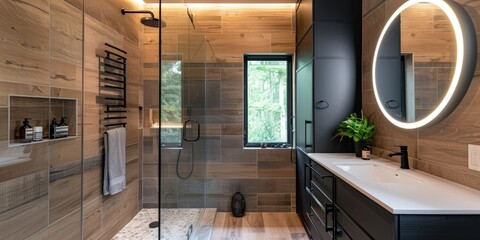 Contemporary bohemian bathroom featuring a walk-in rain shower, dark built-in cabinetry, honey-toned wood-inspired tiles, and a round LED illuminated mirror.