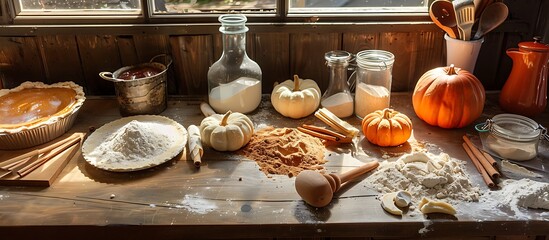 Wooden kitchen counter filled with ingredients for Thanksgiving baking including flour pumpkins pie crusts and cinnamon sticks with warm light from a nearby window