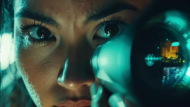 Pushing towards a close up of an Asian woman's face as she looks through a scope on sniper rifile.