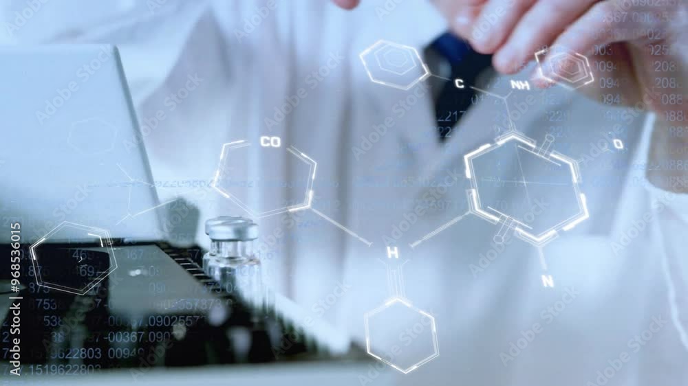 Poster animation of data processing and chemical formula over caucasian male scientist doing experiment