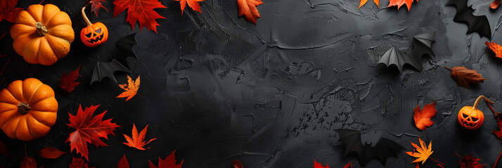 autumnal Halloween background with pumpkins and bats, autumn leaves