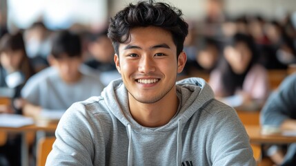 Naklejka premium Portrait of a smiling Asian male student sitting in a university classroom. Generative AI