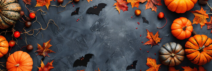 autumnal Halloween background with pumpkins and bats, autumn leaves