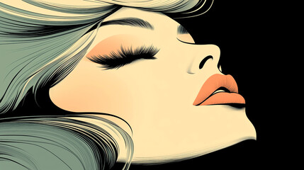 A woman's face is drawn in a cartoon style with a smile and a red lip. The image has a playful and whimsical mood