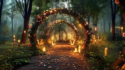 Romantic garden walkway lined with rose-covered arches and glowing candles, creating a magical evening setting. Perfect for weddings or celebrations.

