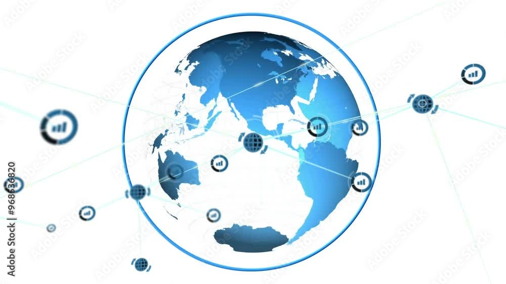 Poster animation of network of connections with icons over globe