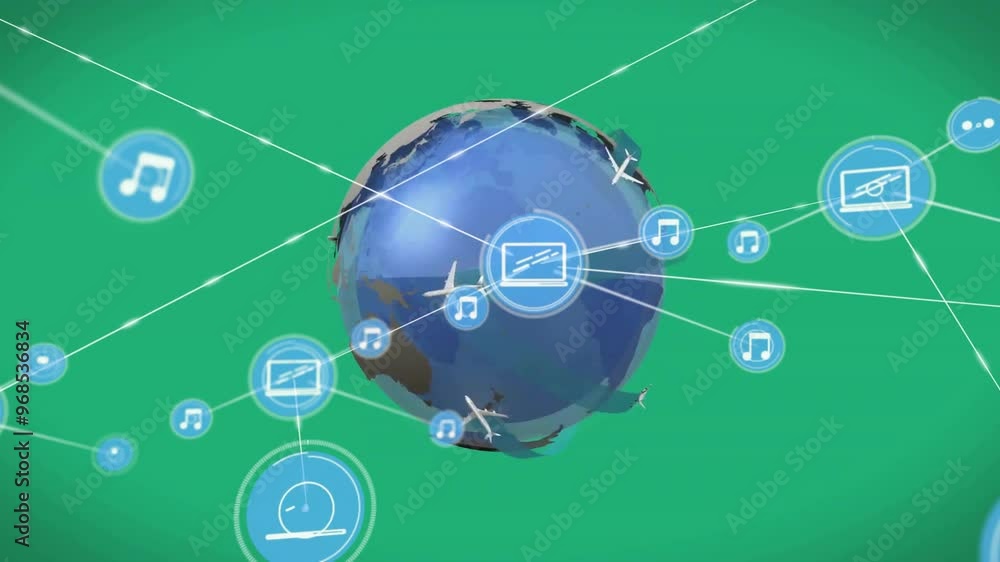 Poster Animation of network of connections with icons over globe