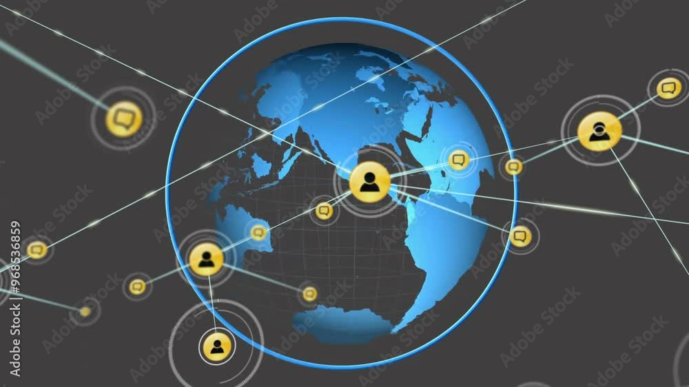 Poster animation of network of connections with icons over globe