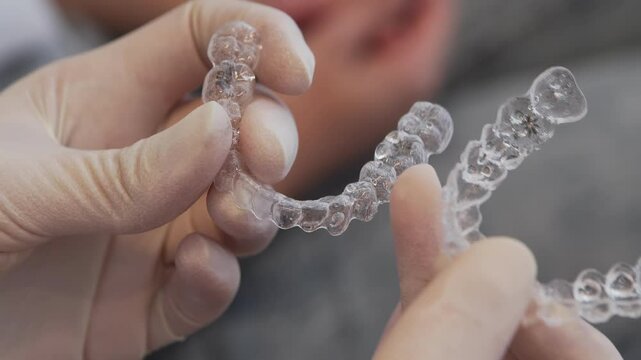 Dentist examining two clear invisalign aligners side by side - slow-mo