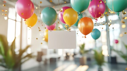 Blank Sign Hanging with Colorful Balloons.