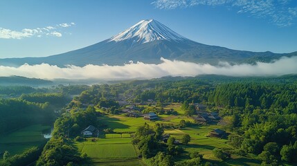 12. Overhead perspective of Mount Fuji in Japan, rising majestically above lush green forests and traditional villages, with snow-capped peaks touching the sky