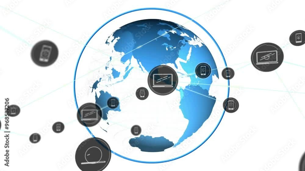 Poster animation of network of connections with icons over globe