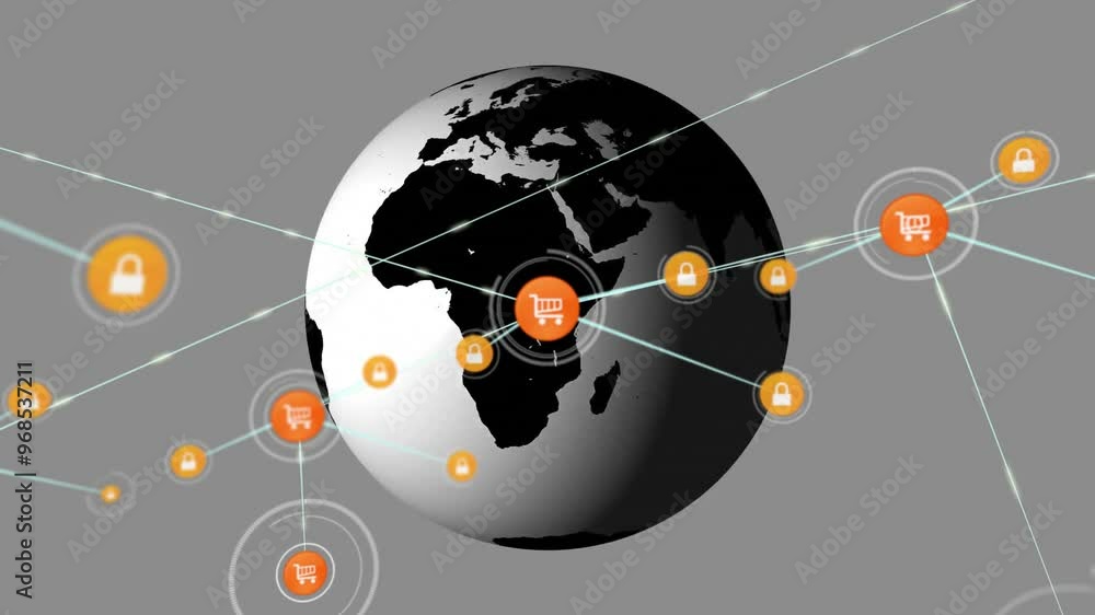 Poster animation of network of connections with icons over globe