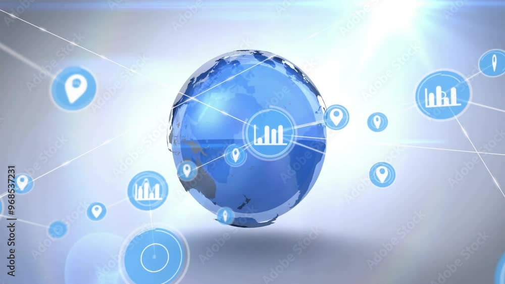 Poster animation of network of connections with icons over globe
