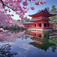 Naklejka premium Japanese garden in Heian Shrine, kyoto, japan with cherry blossom