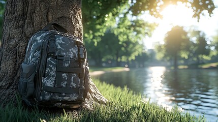 Obraz premium Backpack, leaning against a tree, river flowing nearby, natural daylight