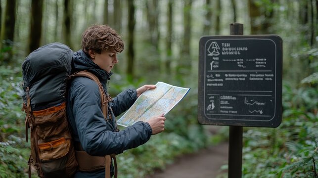Backpacker, adjusting a map, trailhead sign nearby, forest background, morning light