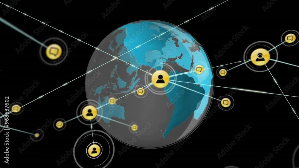 Poster animation of network of connections with icons over globe