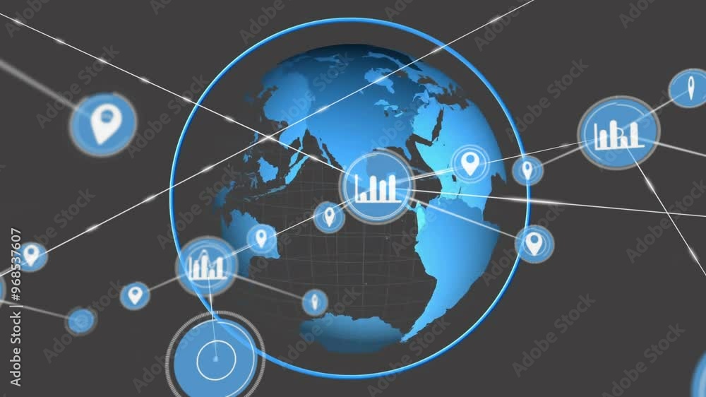 Poster animation of network of connections with icons over globe