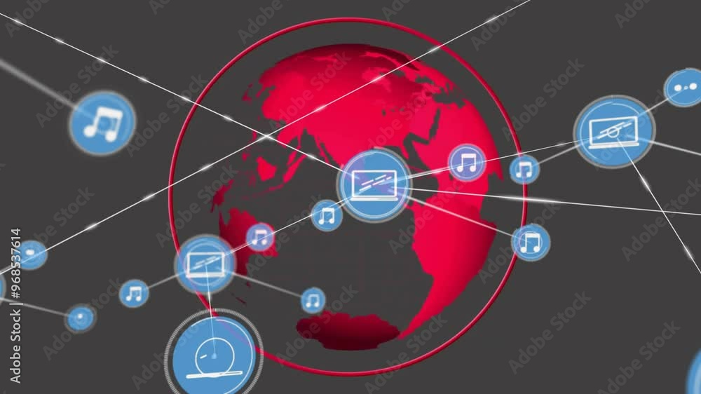 Poster animation of network of connections with icons over globe