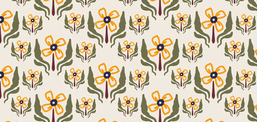 Hand drawn flowers seamless pattern. Pastel background in minimalist for backgrounds, wallpapers, textile, and fashion.