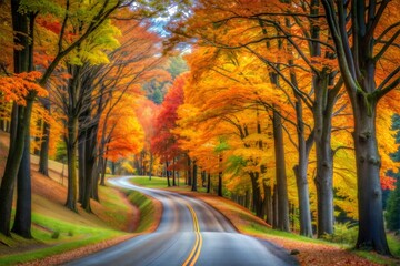 Fototapeta premium Winding road through forest with peak autumn foliage