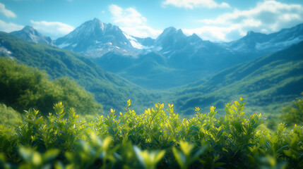 Fototapeta premium Green Bushes with Mountain Range Background