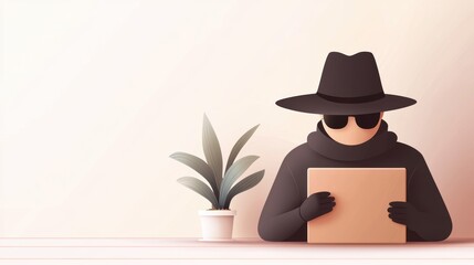 Illustration of spy in black hat using laptop A stylized illustration of a spy in a black hat and sunglasses working on a laptop, symbolizing secrecy, cybercrime, and covert operations