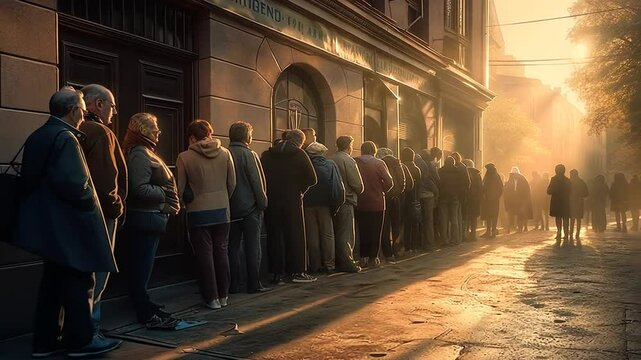 Crowd forms outside a bank in early morning light as people rush to secure their savings during financial uncertainty