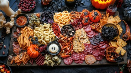Halloween-themed charcuterie board with spooky snacks.