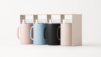Stylish mugs in soft colors arranged neatly, perfect for home or office use, showcasing modern aesthetic and functionality.