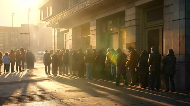 Long line of people waiting outside a bank to withdraw money amid an impending financial crisis