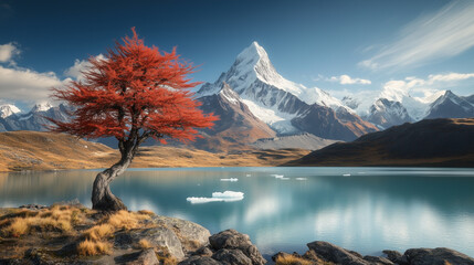 Obraz premium A vibrant red tree stands alone on a rocky shore beside a serene glacier lake, with towering snow-capped mountains in the background.
