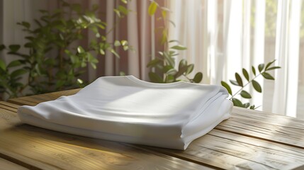 A realistic product mockup template of a blank T-shirt folded neatly, displayed on a wooden table with natural lighting for a cozy, organic feel. 8k UHD, suitable for high-quality printing or 