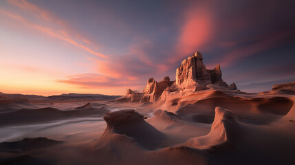 Striking eroded sandstone formations shaped by wind and time, bathed in the warm glow of a vibrant sunset in a remote desert landscape.

