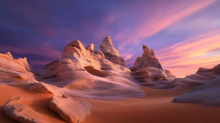 Naklejka premium Striking eroded sandstone formations shaped by wind and time, bathed in the warm glow of a vibrant sunset in a remote desert landscape.