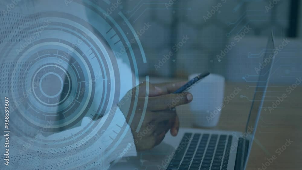 Poster animation of scope scanning and data processing over biracial businesswoman using smartphone
