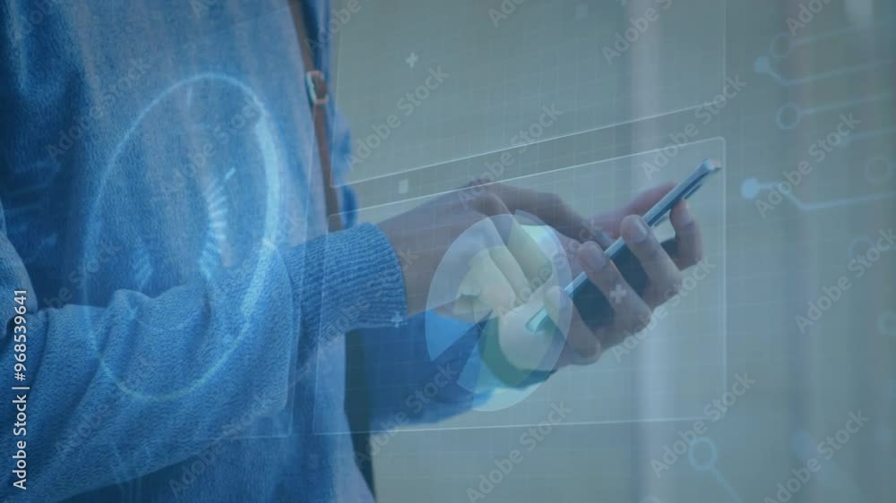 Poster animation of scope scanning and data processing over biracial businessman using smartphone