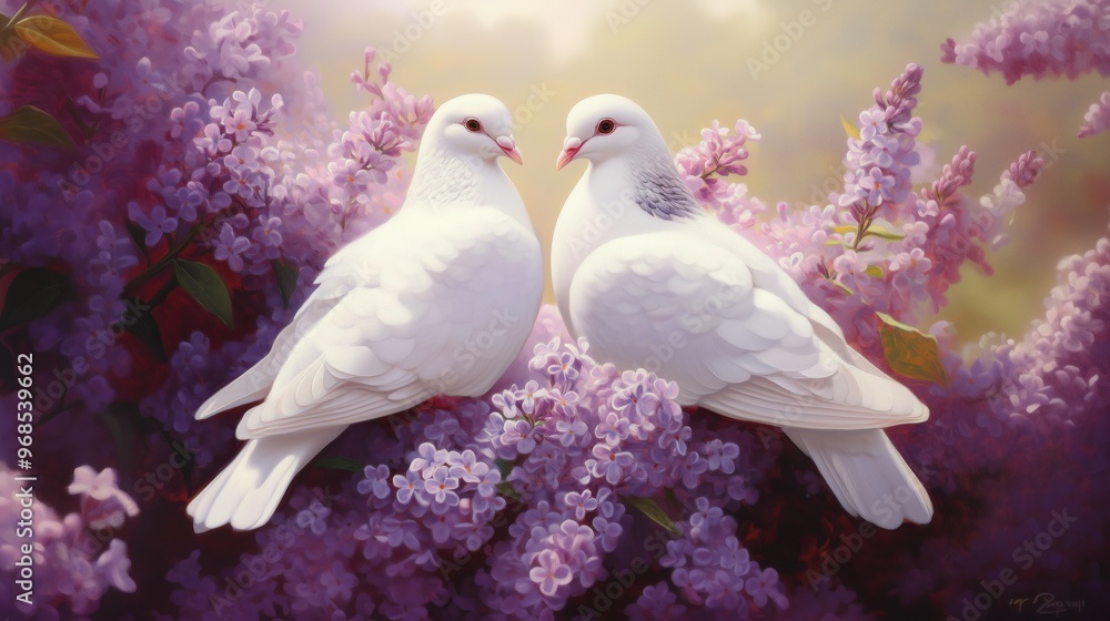 Wall mural two white doves sitting on lilac flowers, painting