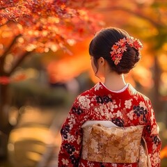 Japanese Kimono Portrait back view photography. Kyoto, Japan. Fall foliage background. Maple leaves turning red in the autumn season.