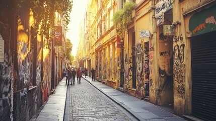 Obraz premium City alley, street art on walls, tourists taking photos, late afternoon light