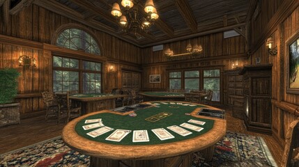 Obraz premium Clue, game room with suspect tokens, cards laid out, chandelier lighting