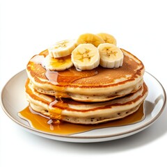 Fluffy pancake topped with syrup and slices of bananas isolated on white background.