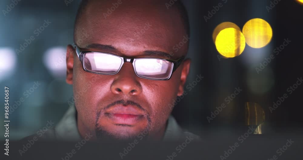 Poster business man, scroll on computer and night research, website information or planning in office bokeh