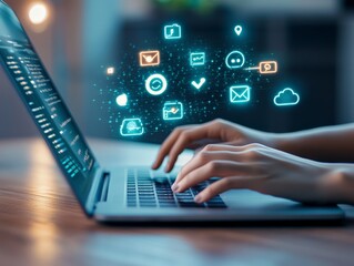 Laptop with glowing icons.