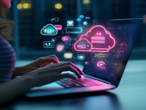 Woman using laptop with cloud computing icons, digital transformation and technology concept.