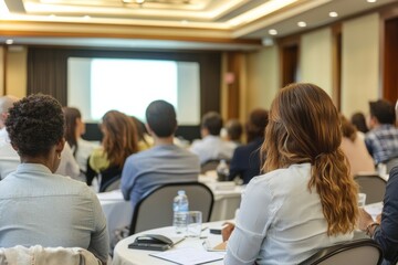 A diverse group of professionals attending a business workshop, with presentation slides and notepads on the tables