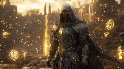 10. A detailed shot of a fantasy RPG game character customization screen, with intricate armor and weapon options, surrounded by glowing magical symbols and medieval landscapes in the background.