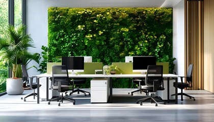 Sustainable workspace with lush green wall, abundant natural light, and comfortable ergonomic furnishings enhancing employee well-being and productivity